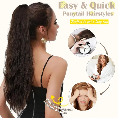 Vista 3 de Extensión de cola de caballo de 24 pulgadas de largo, rizado, ondulado, con cordón, extensiones de cabello sintético para mujer, uso diario, mezcla