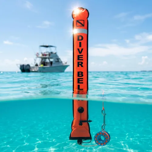 Vista 7 de DSMB Surface Marker Buoy with 100ft Finger Spool Reel Diver Below Signal Flag Tube Scuba Diving Equipment Open Bottom Set