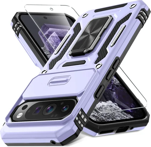 Vista 22 de DEERLAMN Funda para Google Pixel 8 con cubierta deslizante para cámara + protector de pantalla (1 paquete), soporte de anillo giratorio grado
