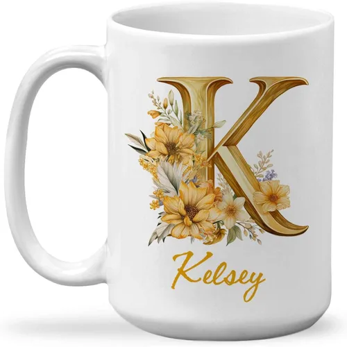 Vista 26 de Taza de cerámica personalizada con letra A del alfabeto, taza de café personalizada con nombre, taza de té inicial con monograma floral