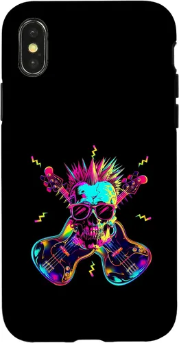 Vista 4 de iPhone 15 Streetwear Synthwave 80s 90s skull rock music bass guitar Case