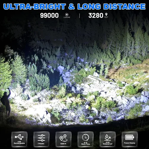 Vista 7 de Cinlinso Linternas Recargables de Alto Lúmenes, 99,000 Lúmenes Linterna LED Súper Brillante, Linterna con 7 Modos, IPX6 Impermeable, Linterna