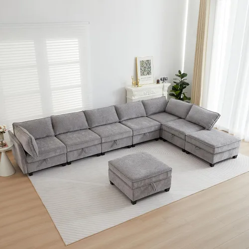 Vista 48 de ORRD Juego de sofá modular esquinero de gran tamaño, sofá convertible en forma de L con almacenamiento, sofá modular de 8 plazas con otomanas y Beige