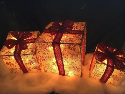 Vista 3 de Cajas de regalo florales de arpillera iluminadas para decoración navideña al aire libre, juego de 3