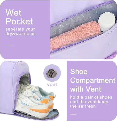 Vista 3 de Bolsa de viaje deportiva para gimnasio para hombres y mujeres con compartimento para zapatos, bolsillo húmedo, Púrpura (pure purple), Bolsa de lona
