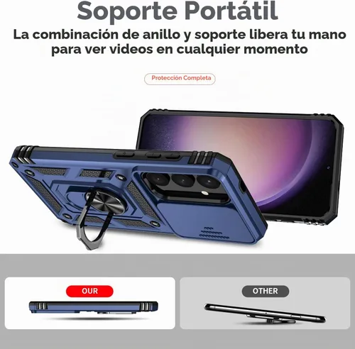 Vista 2 de Funda para Samsung Galaxy S24 Plus, funda de plástico duro de goma de silicona suave con cubierta de lente de cámara deslizante, anillo giratorio