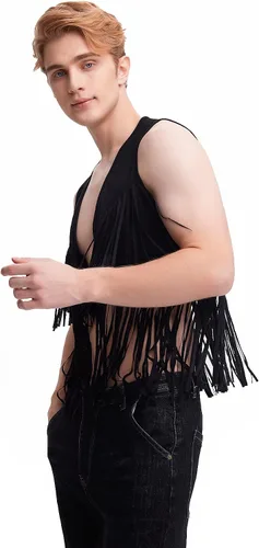Vista 4 de WDIRARA Chaqueta de fiesta con flecos y frente abierto para hombre
