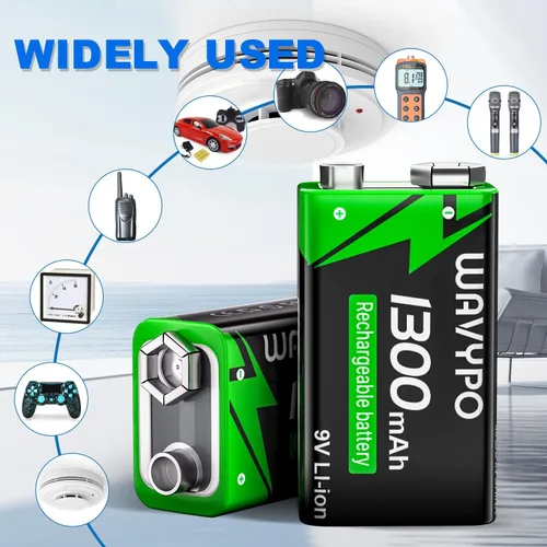 Vista 6 de Paquete de 2 baterías recargables de 9 V de 1300 mAh, baterías de iones de litio de 9 voltios de larga duración con cable de carga rápida USB-C 2