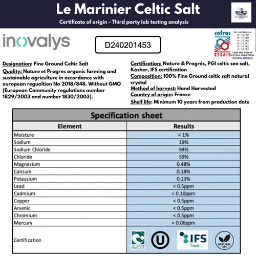 Vista 3 de Le Marinier Sal marina celta orgánica molida fina, 1.1lb - 18oz. Rica en minerales. 100% natural y sin refinar. Sal marina francesa orgánica