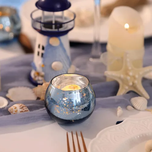 Vista 4 de Volens - Portavelas votivas redondas azules, juego de 12, decoraciones de mesa para centro de mesa de boda azul, portavelas de vidrio de mercurio