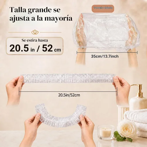 Vista 2 de 100 piezas de gorras de ducha más grandes desechables, gorras de baño de plástico elástico impermeables más gruesas, gorras de pelo de plástico