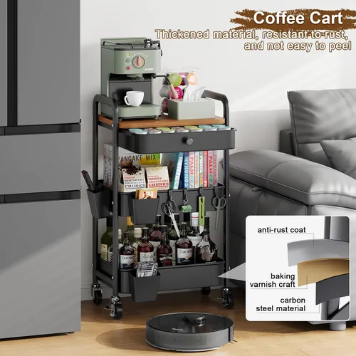 Vista 5 de Carrito de metal de 3 niveles con mesa y cajones de madera, carrito de almacenamiento negro sobre ruedas, organizador de carritos de arte de tres