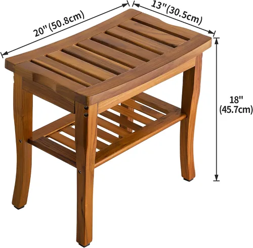 Vista 3 de VaeFae Banco de ducha de teca, taburete de ducha de baño de spa con estante de almacenamiento, taburete de asiento de madera para baño