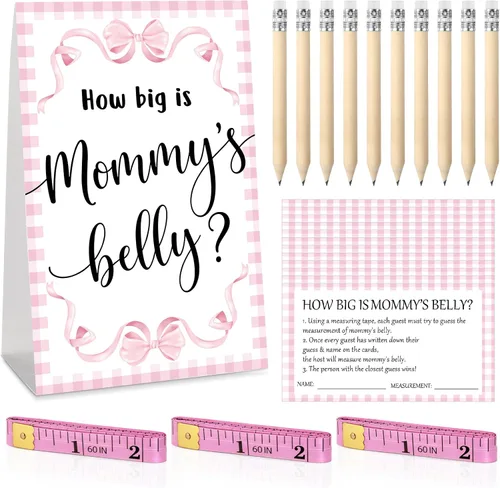 Vista 26 de Sabary 64 Piezas Juegos de Baby Shower Incluyen Letrero How Big is Mommy's Belly Sign Measure Bump Game 50 Tarjetas 10 Lápices 3 Cintas Métricas