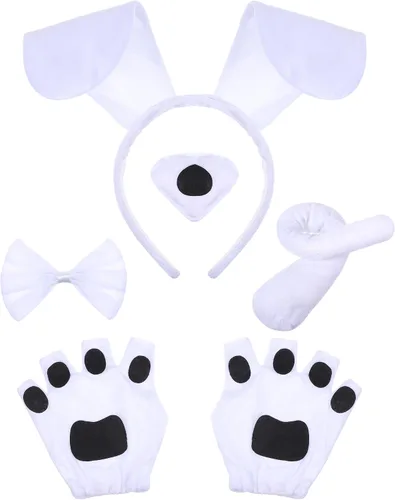Vista 10 de Syhood Conjunto de disfraz de perro para cachorro, diadema con orejas de perro, corbatín, nariz, cola, guantes, accesorios de disfraz de animales