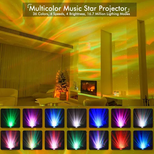 Vista 2 de Proyector de Estrellas Luz de Galaxia Proyector con 33 Luces, Altavoz Bluetooth 5.0, Luz Nocturna de Sonido, Proyector Aurora Inteligente WiFi