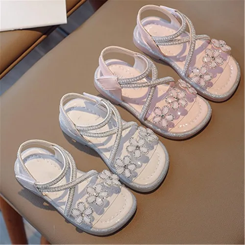 Vista 3 de Sandalias de verano para niñas grandes con diseño de flores de cristal, zapatos de princesa para uso diario con vestido de princesa, zapatos