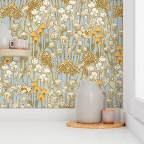 Vista 8 de Spoonflower Papel tapiz para despegar y pegar - Amapola Campo Pájaros Crema Neutral Naturaleza Taupe Papel pintado extraíble personalizado