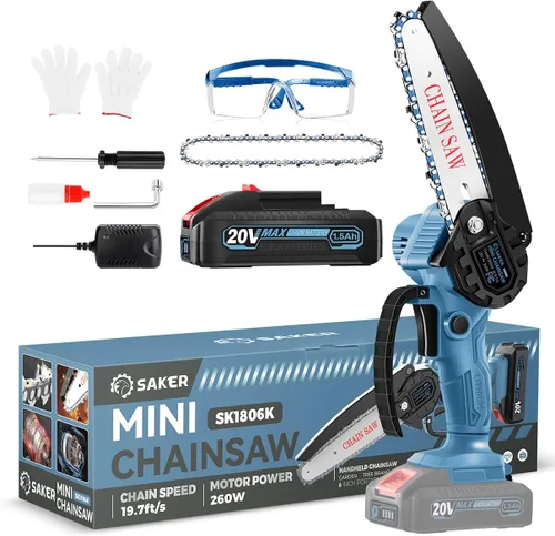 Vista 12 de Saker Mini motosierra inalámbrica de 6 pulgadas con interruptor de bloqueo de seguridad, motosierra eléctrica inalámbrica, motosierra pequeña