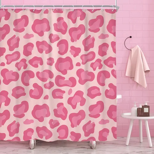 Vista 13 de Riyidecor Cortina de Ducha con Estampado de Leopardo Negro y Rosa Cabina Pequeña RV Estrecha Linda Femenina Moderna Trendy Simple Guepardo 36Wx72H