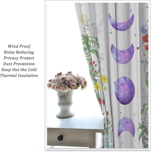 Vista 5 de Cortinas opacas con diseño de luna y flores silvestres para cocina, cortinas opacas de acuarela floral con flores silvestres iluminadas por la luna