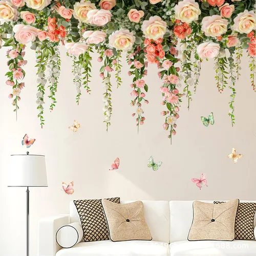 Vista 3 de Calcomanías de pared de rosas vívidas, calcomanías de pared florales de vid colgantes, calcomanías de mariposa, papel tapiz para despegar y pegar