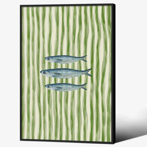 Vista 17 de Impresiones de Sardinas - Pósteres de pared de cocina de moda, diseño de rayas verdes, retro y moderna, estética de alimentos para el hogar