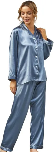 Vista 5 de Conjunto de pijama de seda para mujer, conjunto de pijama de manga larga de dos piezas, conjunto de pijama con botones, ropa de dormir