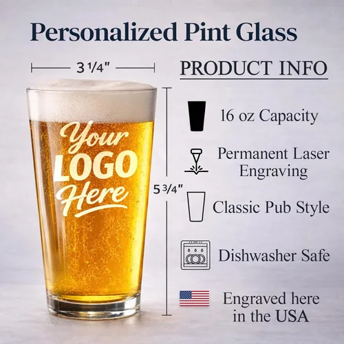 Vista 2 de Vasos de pinta personalizados de 16 onzas, juego de 4, nombre y logotipo
