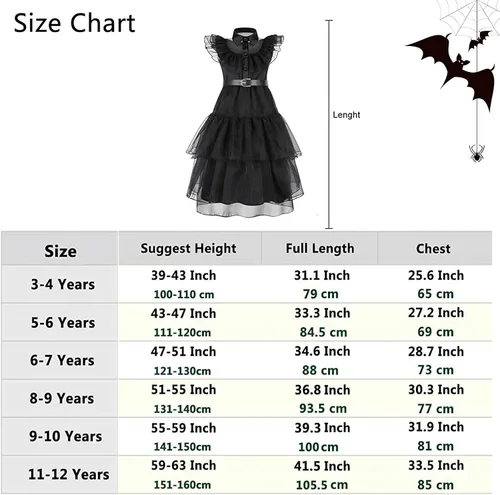 Vista 5 de YUEGOO Wednesday Addams - Disfraz para niñas, disfraz de la familia Addams, vestido de fiesta de disfraces de Halloween con accesorios de 3 a 12 años