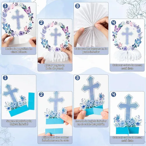Vista 3 de ANGOLIO 12 centros de mesa de bautismo en forma de panal de abeja, decoración de fiesta de cumpleaños, decoración de verano azul morado con Dios