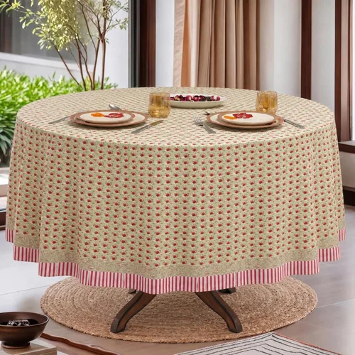 Vista 45 de Ridhi Mantel redondo con estampado de bloques a mano, color rosa y blanco