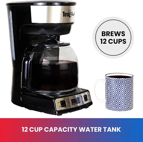 Vista 5 de Total Chef Cafetera de goteo – Cafetera programable de 12 tazas con olla de cristal, pausa y vertido, apagado automático, depósito de agua grande
