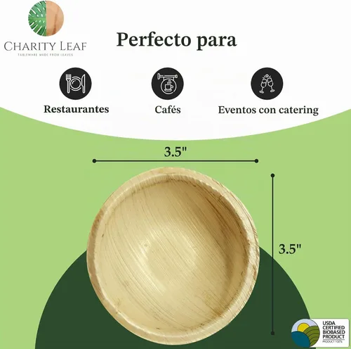 Vista 3 de Charity Leaf Mini tazón redondo de hoja de palma desechable de 3.5 pulgadas (25 piezas) Como bambú Todo natural y biodegradable Tablas