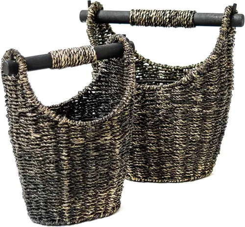 Vista 4 de Trademark Innovations Cestas de pasto marino de 12.2 pulgadas y 9.4 pulgadas con asas de madera, juego de 2 (marrón)