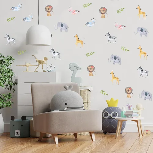 Vista 3 de Calcomanías de pared de animales de la selva para guardería, calcomanías de pared de animales de la selva para sala de estar, calcomanías de pared