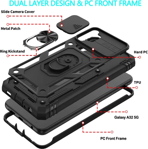 Vista 6 de Funda para Galaxy A32 5G, para Galaxy A32 con 3 protectores de pantalla de vidrio templado con soporte integrado + cubierta de cámara, carcasa