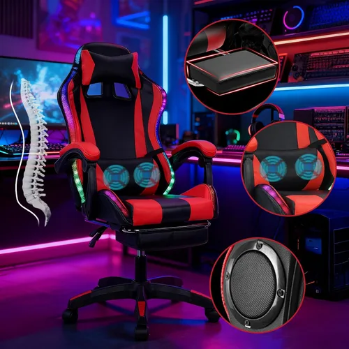Vista 2 de Silla para videojuegos, silla de videojuegos con luz LED, sillas ergonómicas de masaje para computadora, altura ajustable, con asiento giratorio