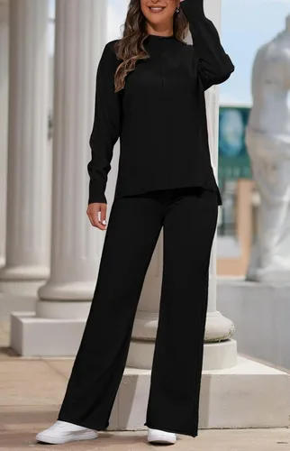 Vista 3 de AOHITE Conjunto de 2 piezas para mujer, suéter de punto de manga larga y pantalones de pierna ancha