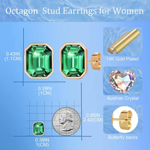 Vista 6 de Aretes de tuerca octágono de cristal austriaco para mujer, joyería hipoalergénica de plata de ley 925