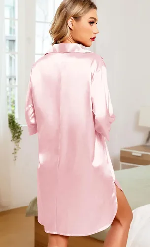Vista 5 de Samring Camisón de seda para mujer, manga 34, con botones, camisola de satén para dormir