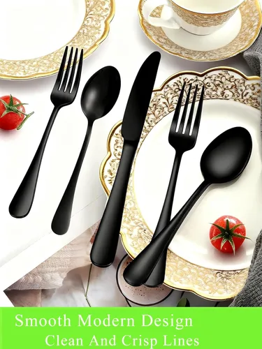 Vista 7 de Cucharas negras, juego de 16 cucharas de acero inoxidable de grado alimenticio, 6.7 pulgadas, acabado espejo y aptas para lavavajillas, nuevos
