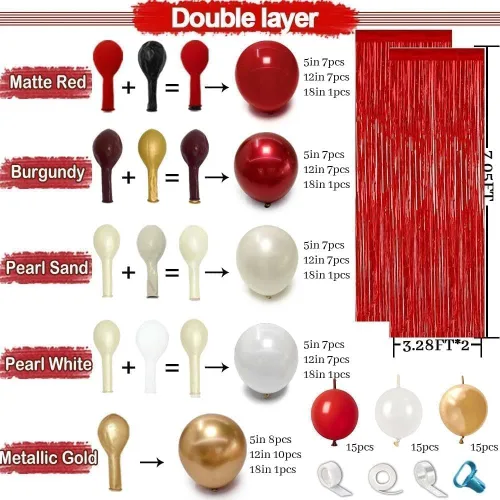 Vista 5 de Arco de globos de oro rojo y blanco, doble relleno, kit de guirnalda de globos de enlace rojo, cortina de flecos para cumpleaños, despedida de Oro