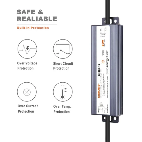 Vista 3 de Transformador de fuente de alimentación de LED de voltaje constante impermeable IP67 de 60W, entrada universal de 100-240V CA con enchufe, salida