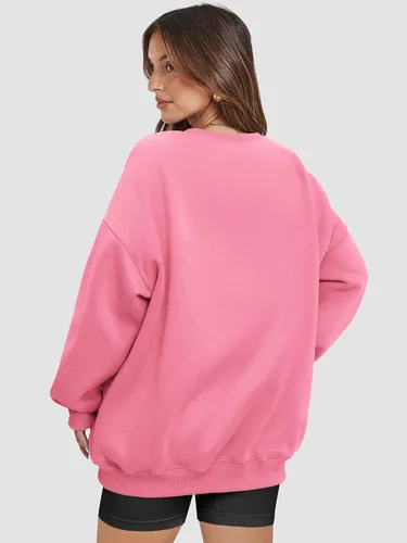 Vista 4 de ATHMILE Sudadera de gran tamaño para mujer, cuello redondo, forro polar, manga larga, sudaderas con capucha, tops de otoño, ropa de moda 2024