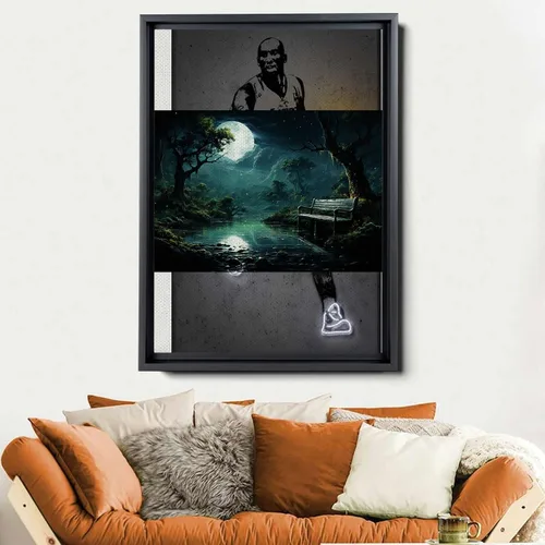 Vista 6 de Snow covered park at midnight with a full moon, watercolor nature art, framed canvas print, framed wall art