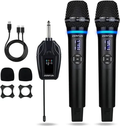 Vista 8 de Micrófonos inalámbricos duales recargables, sistema de micrófono inalámbrico de metal UHF micrófono inalámbrico profesional con control de eco