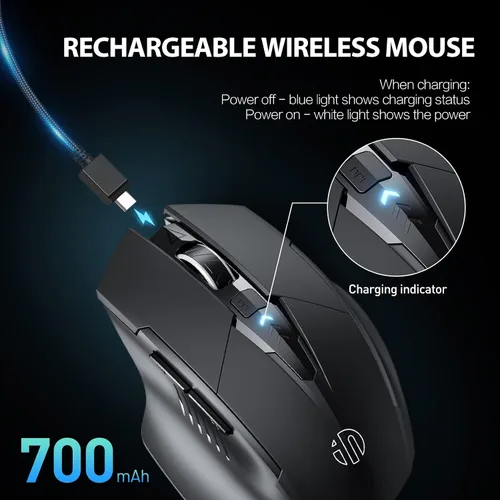 Vista 3 de INPHIC Mouse inalámbrico recargable, batería visible, 2400 DPI, 6 botones, mouse ergonómico grande para laptop, computadora, Mac, PC, etc.
