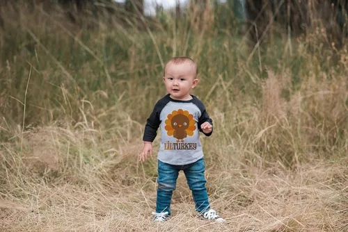 Vista 5 de 7 ate 9 Apparel Camisa estilo raglán gris para bebé niño, con diseño de pavo pequeño de Acción de Gracias