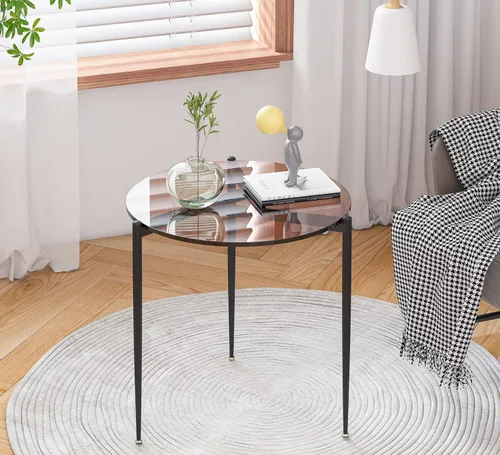 Vista 4 de Mesa auxiliar moderna redonda: patas de metal con tapa de vidrio Decoración contemporánea de la sala de estar de la pequeña mesa Marrón